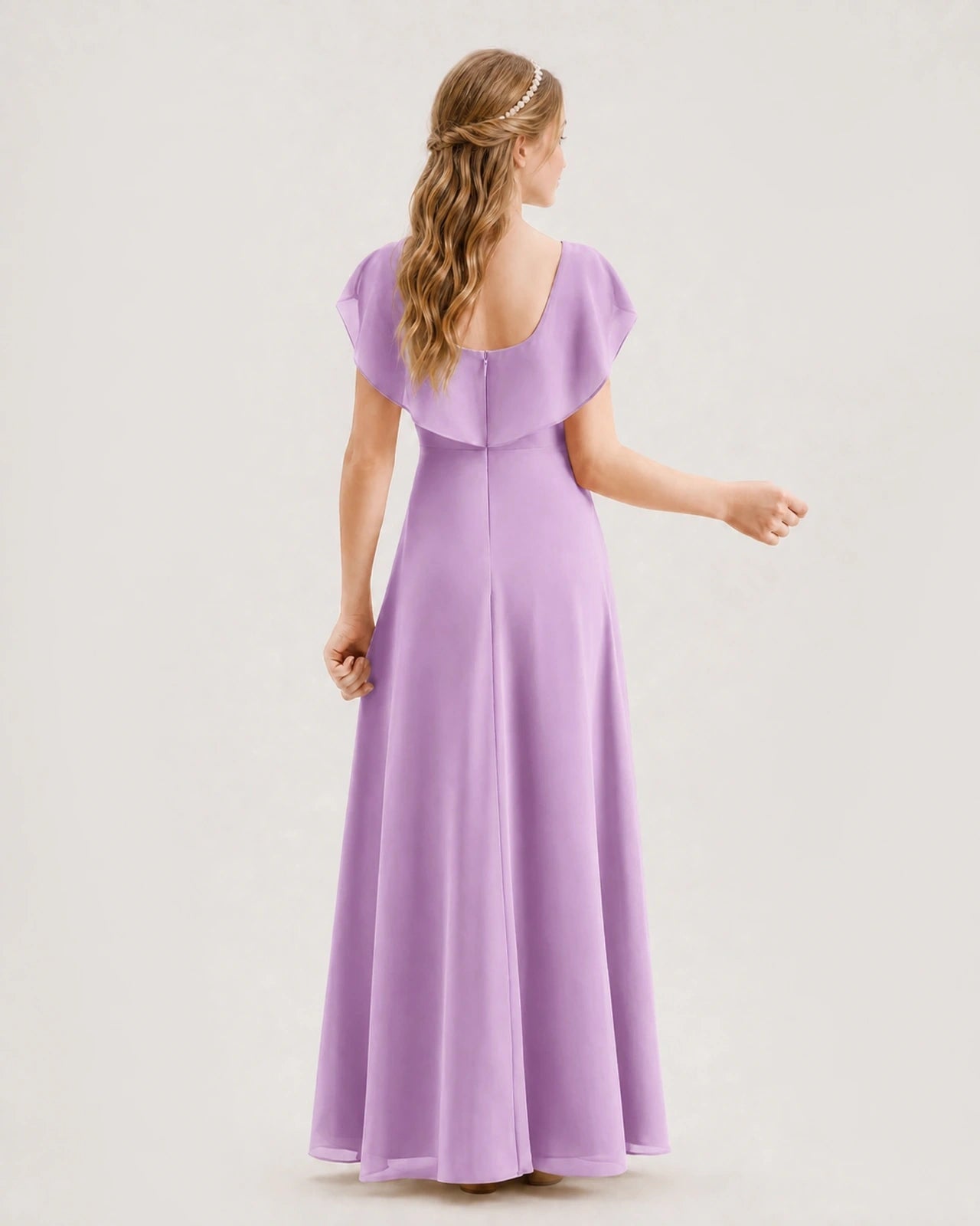 Lilac Chiffon Ruffle A-Line Junior Bridesmaid Dress Back View