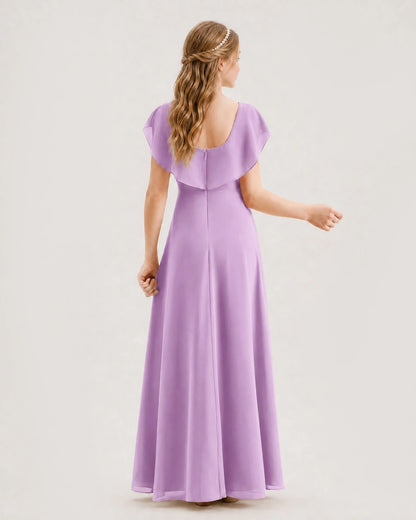 Lilac Chiffon Ruffle A-Line Junior Bridesmaid Dress Back View