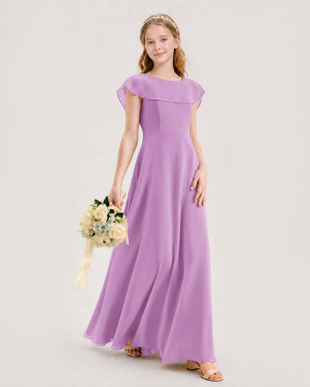 Lilac Chiffon A-line Junior Bridesmaid Dresses Side View
