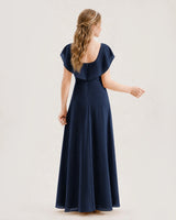 Navy Blue Chiffon Ruffle Sleeve Junior Bridesmaid Dresses Back View