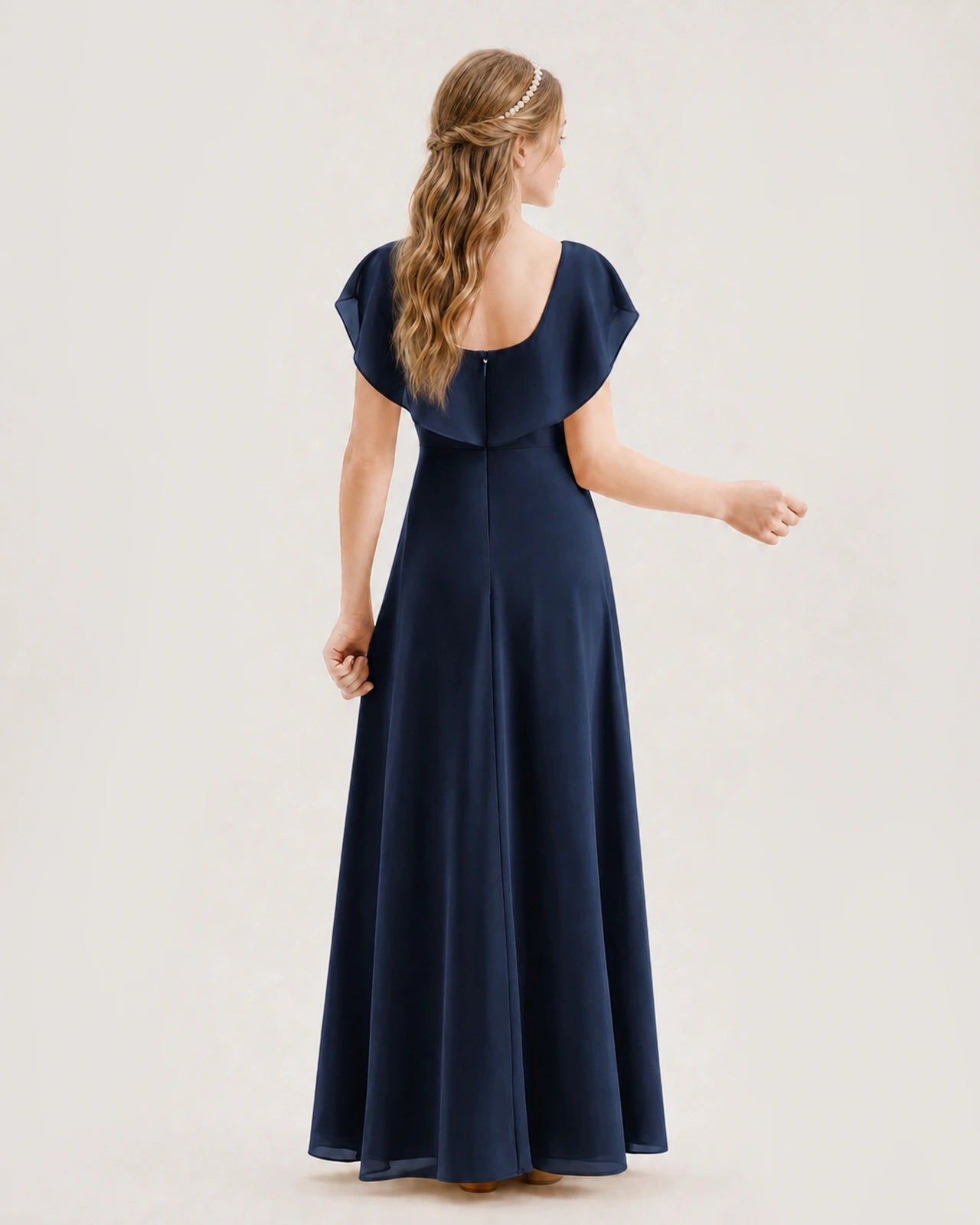 Navy Blue Chiffon Ruffle Sleeve Junior Bridesmaid Dresses Back View