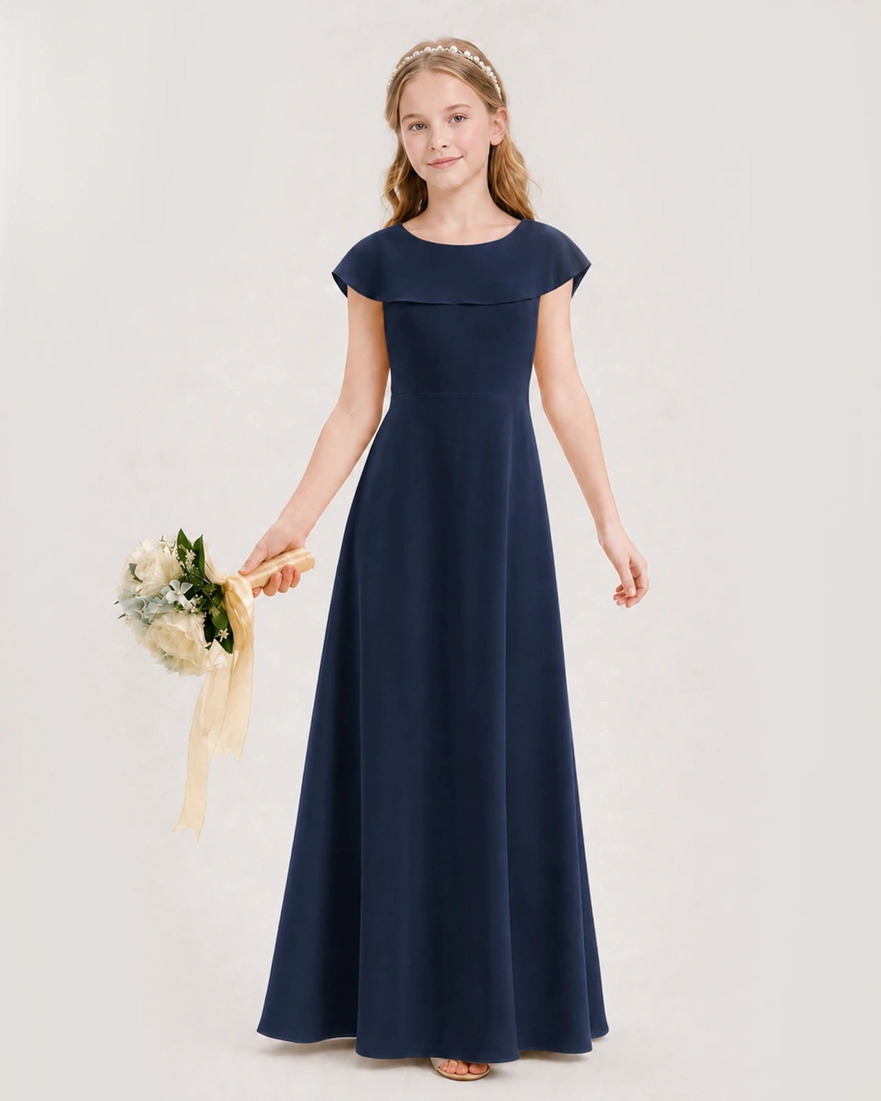 Navy Blue Chiffon Flutter Sleeve A-Line Junior Bridesmaid Dresses Front View