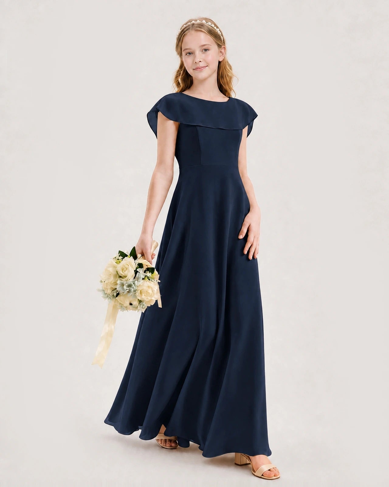 Navy Blue Chiffon A-Line Junior Bridesmaid Dresses Side View
