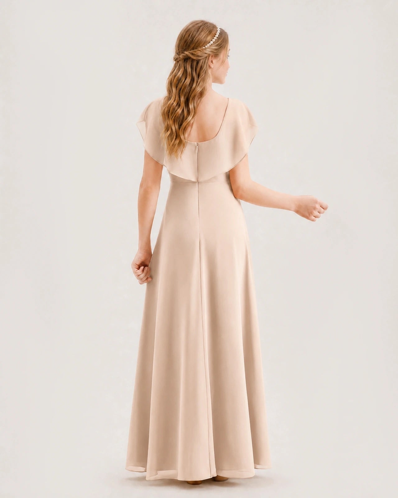 Peach chiffon ruffled A-line junior bridesmaid dress, Back View