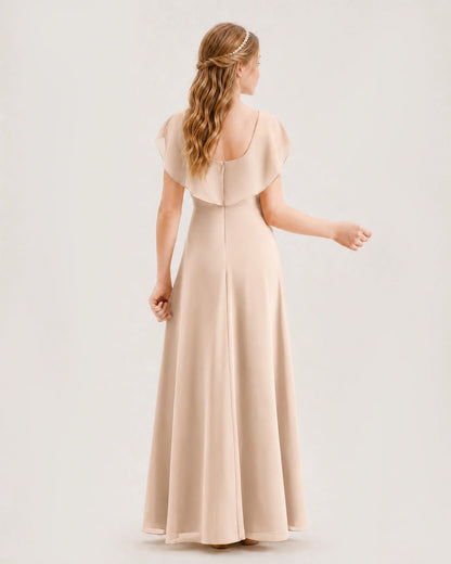 Peach chiffon ruffled A-line junior bridesmaid dress, Back View