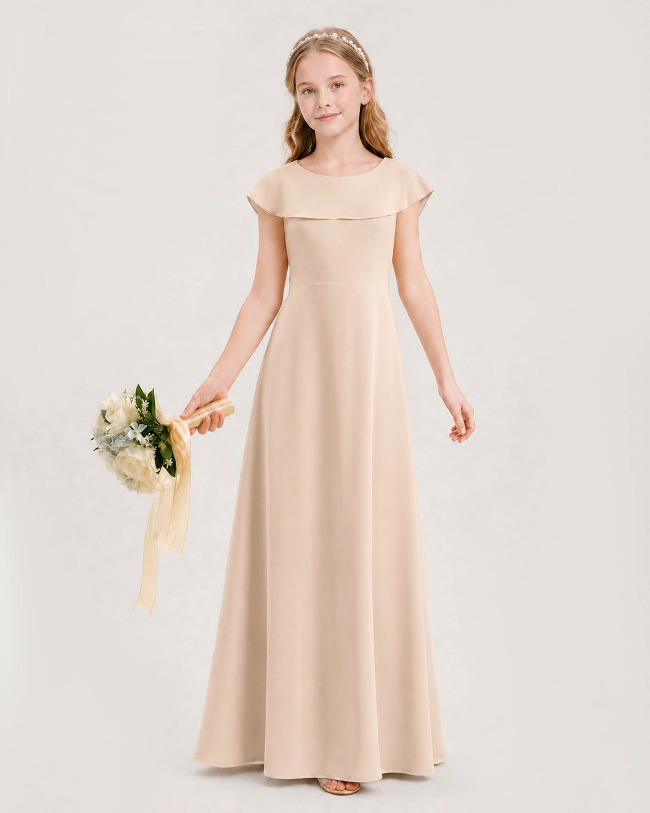 Peach Chiffon Ruffled A-Line Junior Bridesmaid Dresses Front View