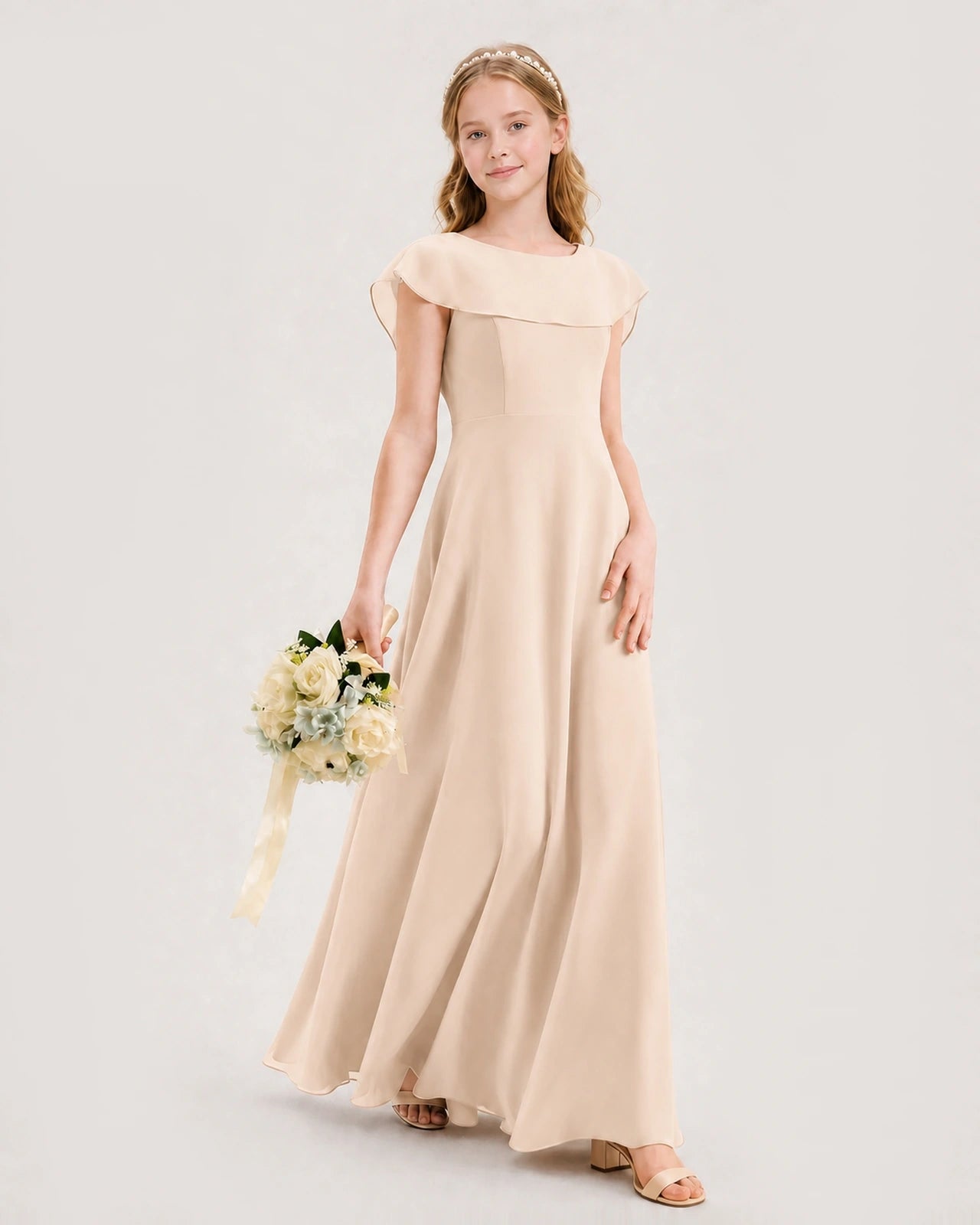 Peach Chiffon A-Line Junior Bridesmaid Dresses Side View