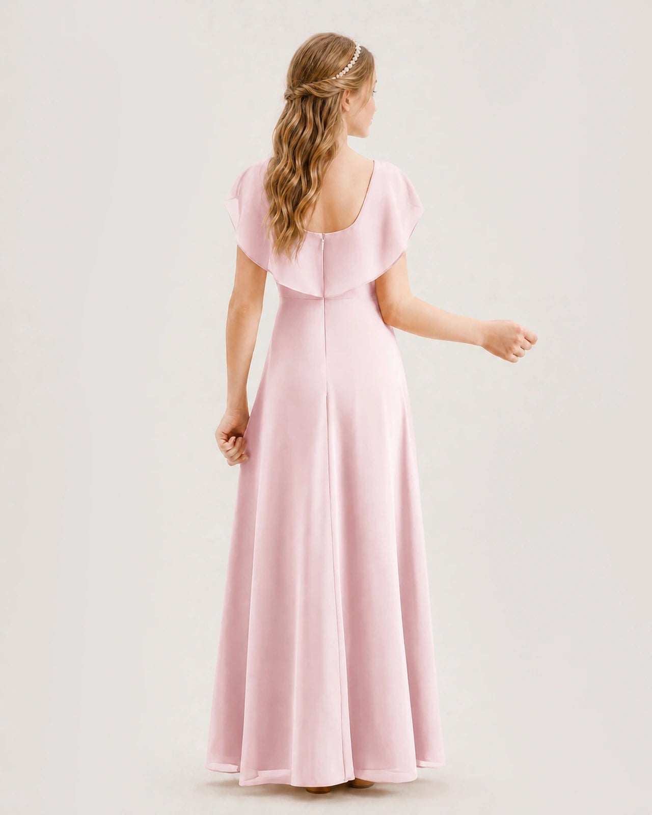 Pink chiffon flutter sleeve junior bridesmaid dress Back View