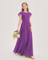 Purple chiffon overlay A-line junior bridesmaid dress, side view