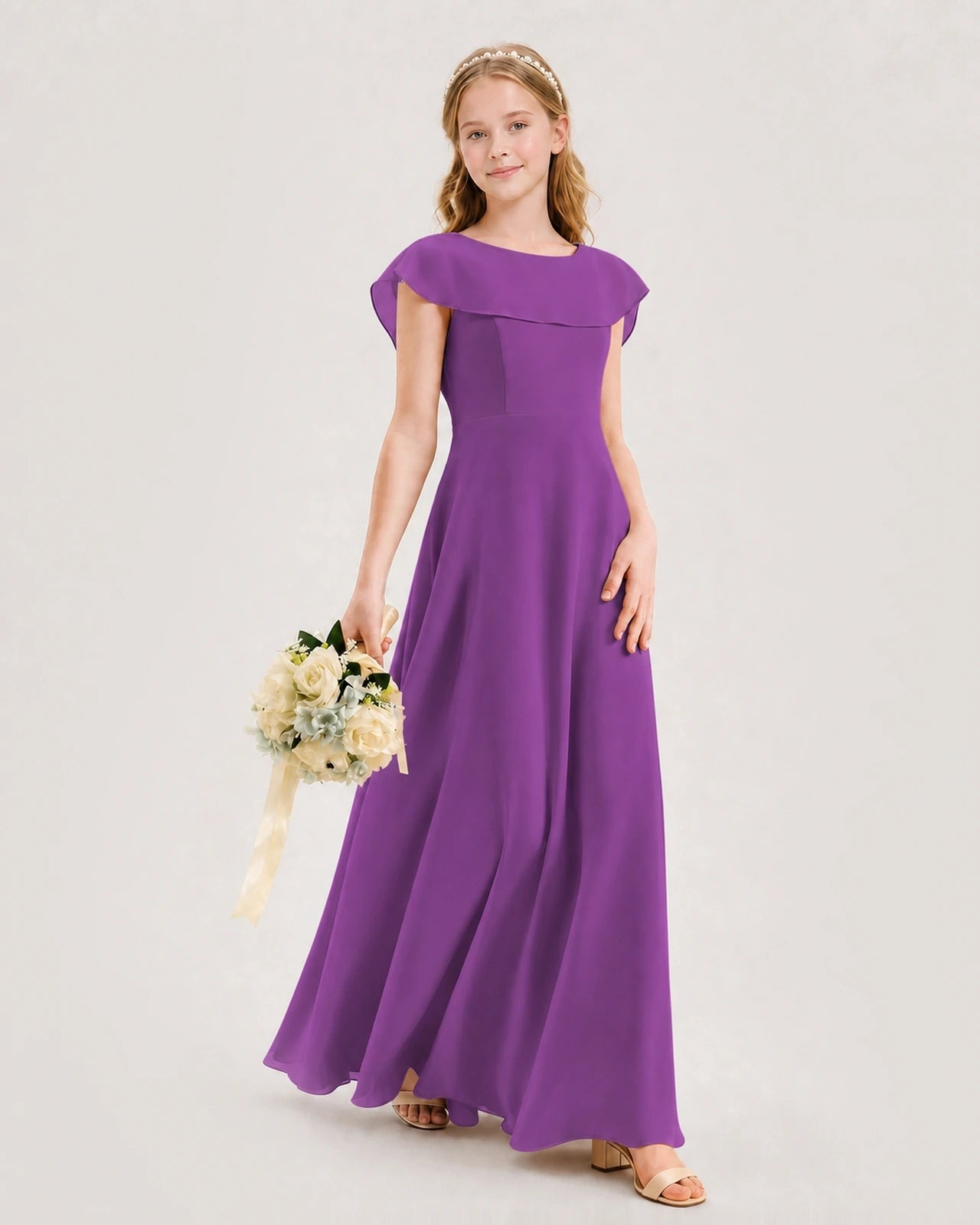 Purple chiffon overlay A-line junior bridesmaid dress, side view