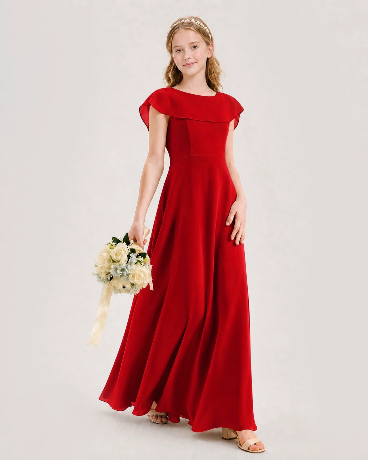 Red Chiffon A-Line Junior Bridesmaid Dresses Side View