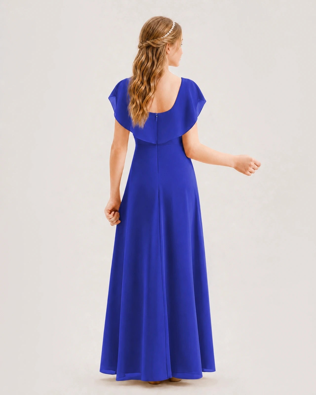 Royal Blue Chiffon Ruffle Sleeve A-Line Junior Bridesmaid Dresses Back View