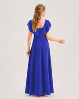 Royal Blue Chiffon Ruffle Sleeve A-Line Junior Bridesmaid Dresses Back View