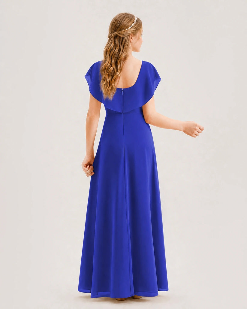 Royal Blue Chiffon Ruffle Sleeve A-Line Junior Bridesmaid Dresses Back View