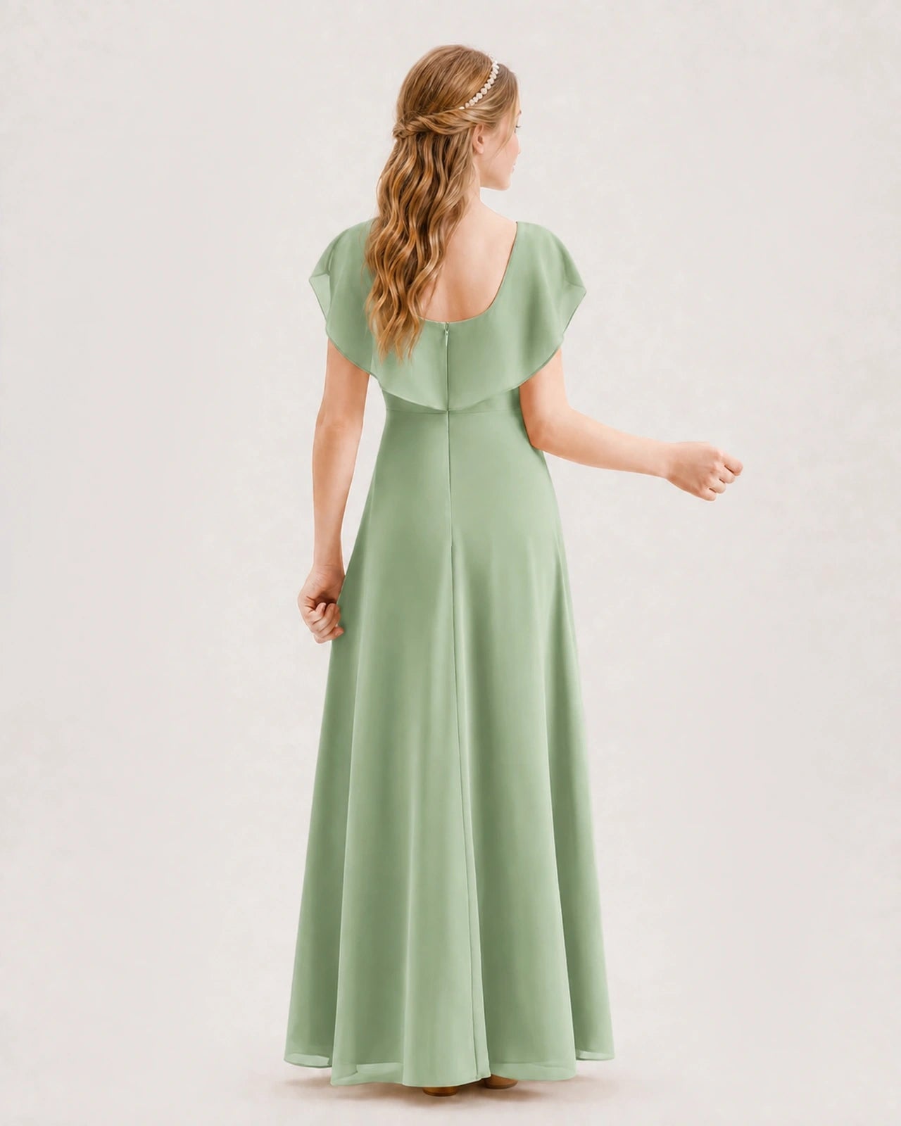 Sage Green Chiffon Flutter Sleeve Junior Bridesmaid Dresses Back View