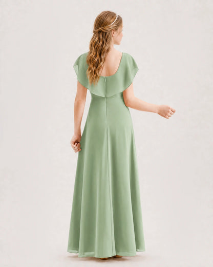 Sage Green Chiffon Flutter Sleeve Junior Bridesmaid Dresses Back View