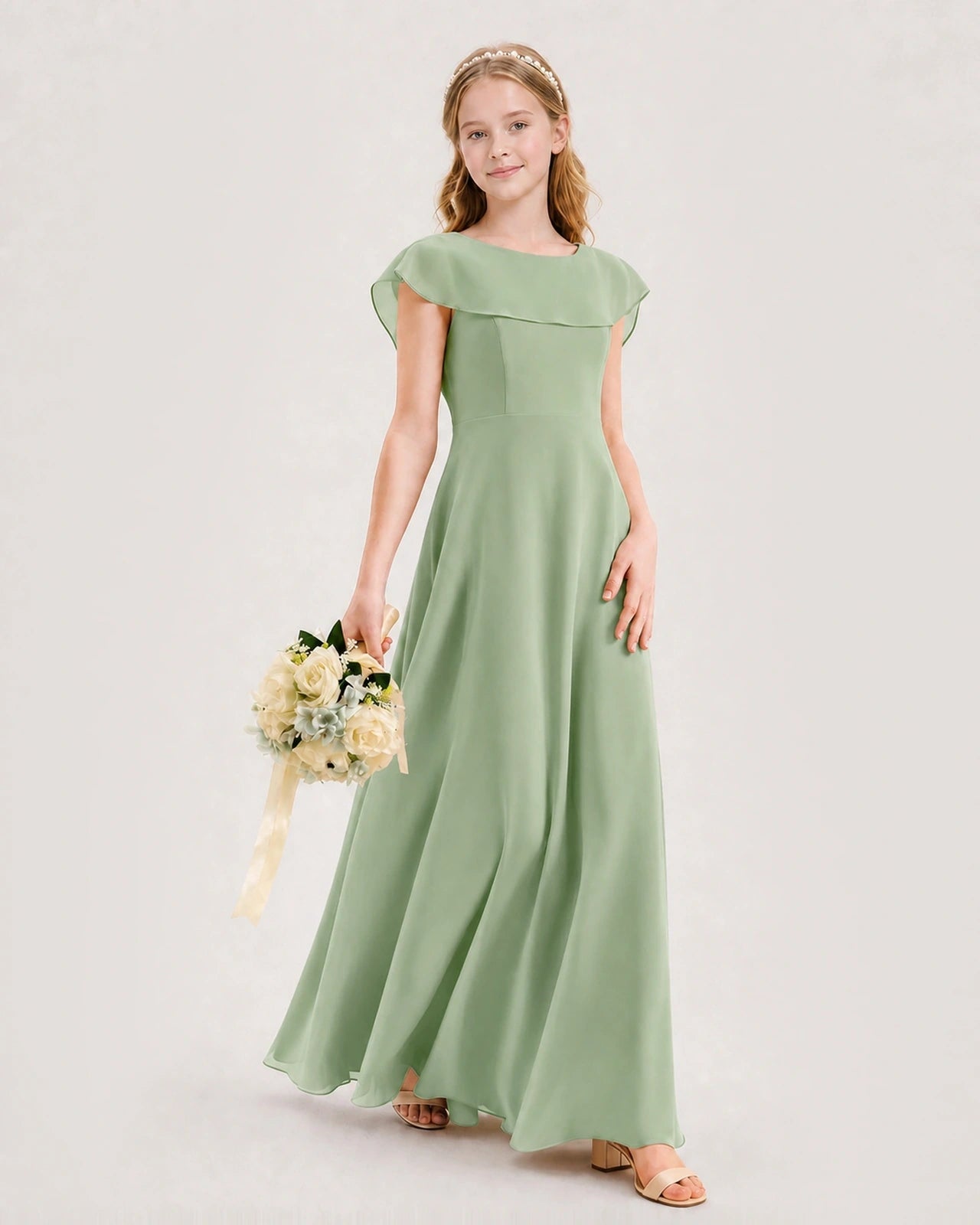 Sage Green Chiffon A-line Junior Bridesmaid Dresses Side View