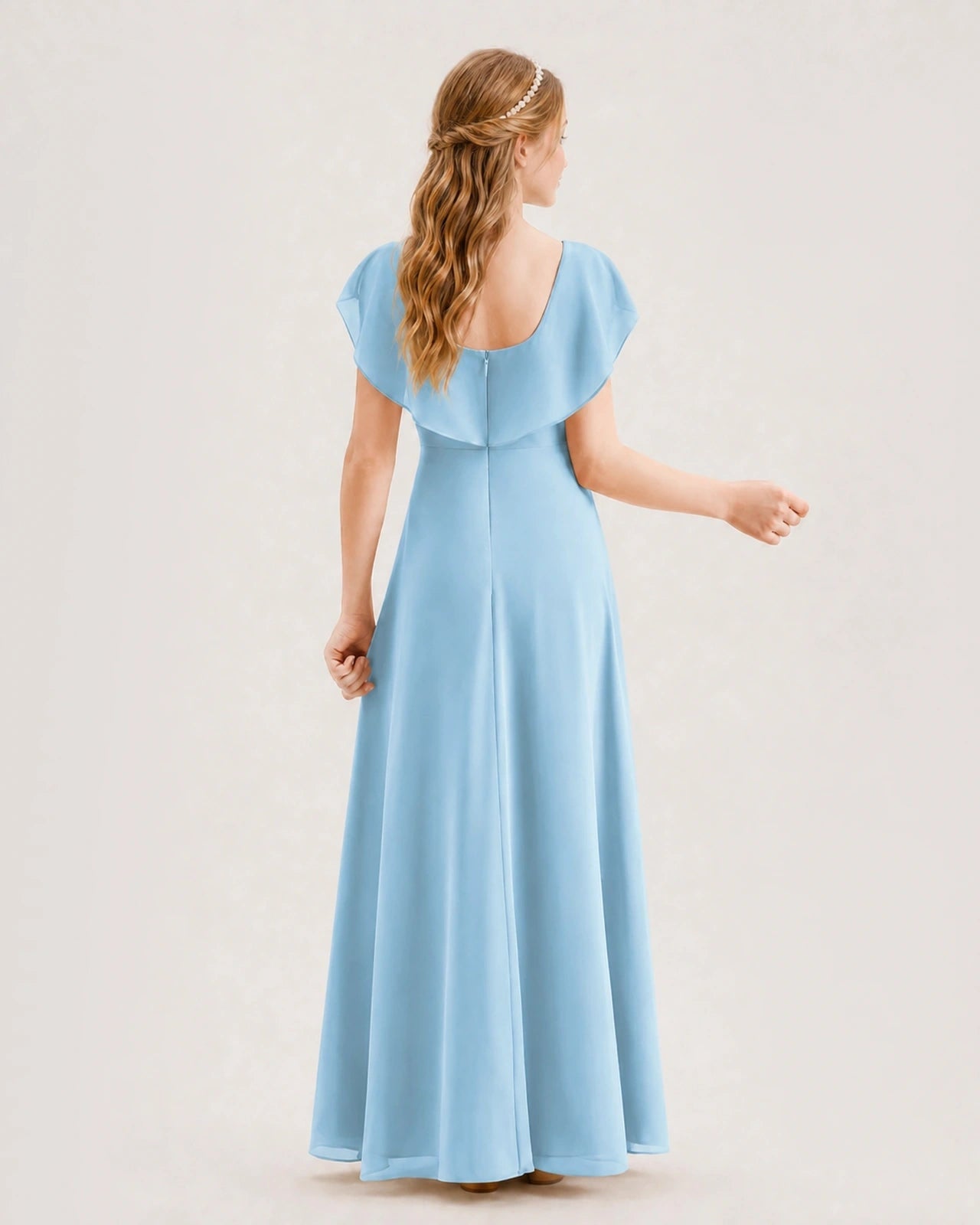 Sky Blue Chiffon Ruffled A-Line Junior Bridesmaid Dress Back View