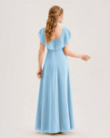 Sky Blue Chiffon Ruffled A-Line Junior Bridesmaid Dress Back View
