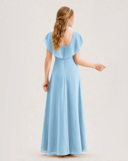 Sky Blue Chiffon Ruffled A-Line Junior Bridesmaid Dress Back View