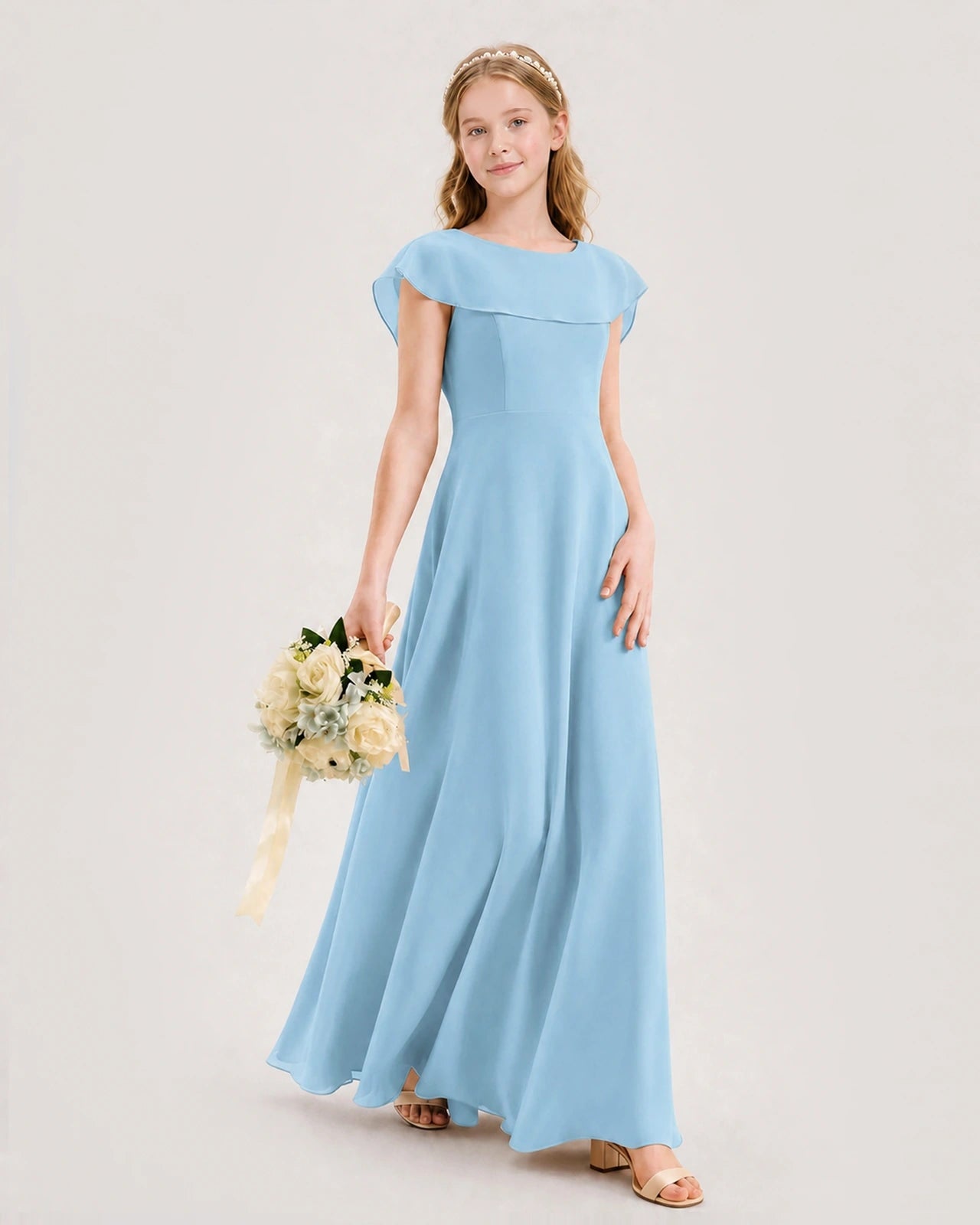 Sky Blue Chiffon A-Line Junior Bridesmaid Dresses Side View