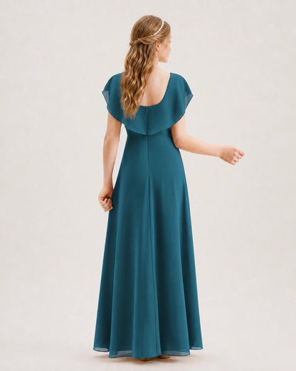 Teal Chiffon Ruffle Sleeve Junior Bridesmaid Dresses Back View