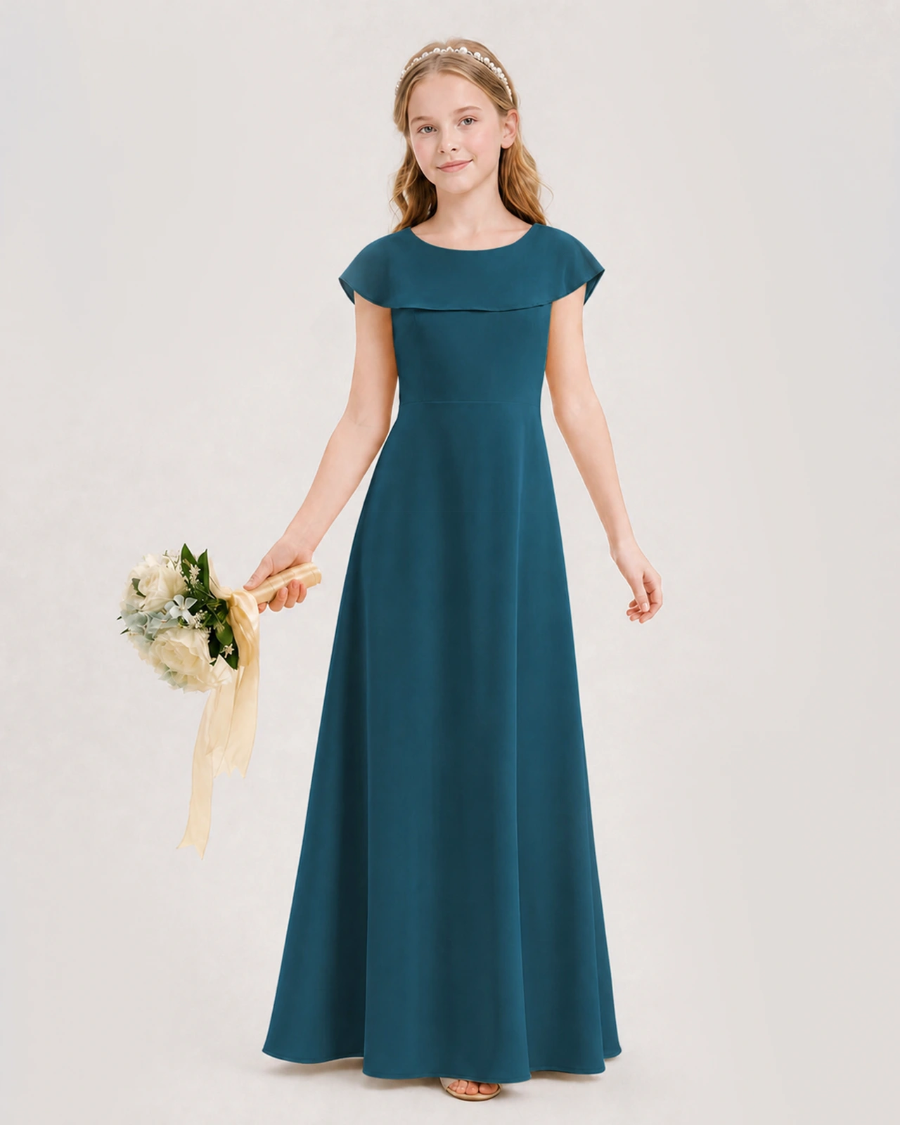 Teal Chiffon A-line Junior Bridesmaid Dress Front View
