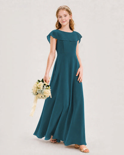 Teal Chiffon A-Line Junior Bridesmaid Dresses Side View