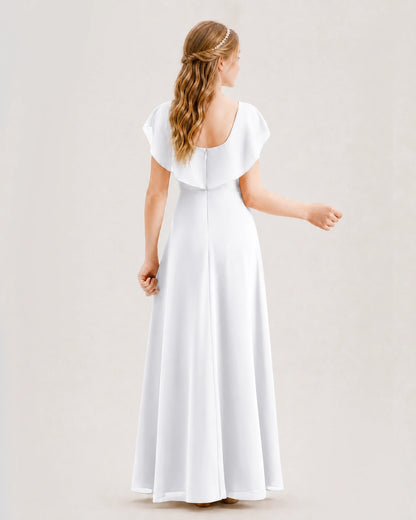 White chiffon ruffled maxi junior bridesmaid dress Back View