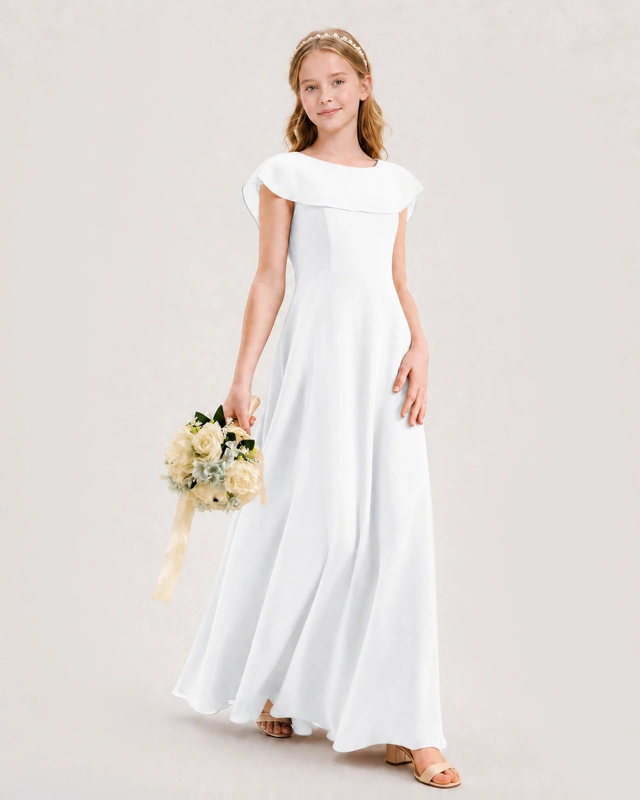 White Chiffon A-Line Junior Bridesmaid Dresses Side View