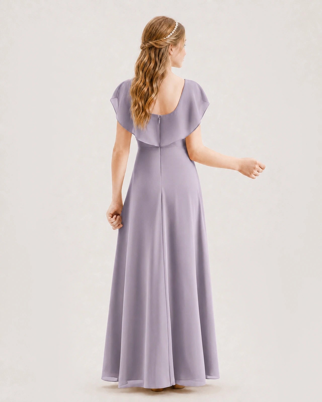 Wisteria Chiffon Ruffle Sleeve A-Line Junior Bridesmaid Dress Back View