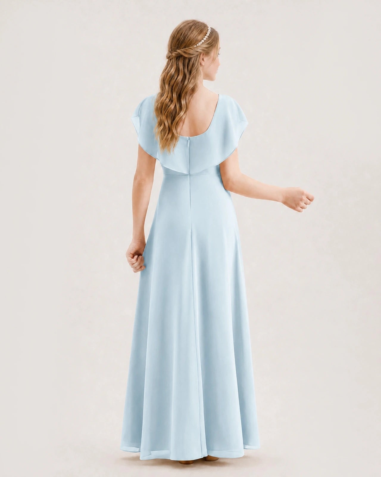 Baby Blue Junior Bridesmaid Dress Ruffle Collar Flowy Chiffon A-Line Floor-Length Gown Back Full View