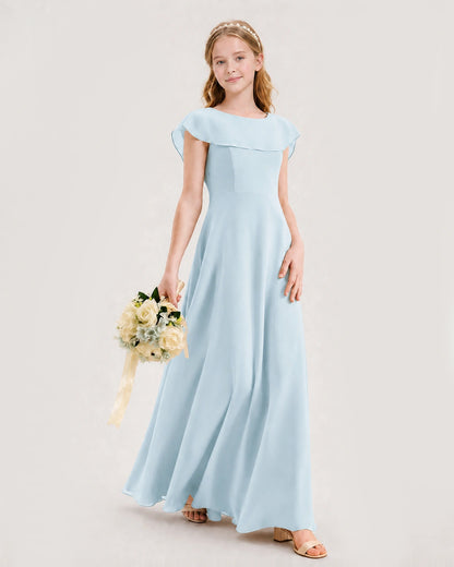 Baby Blue Junior Bridesmaid Dress Ruffle Collar Flowy Chiffon A-Line Floor-Length Gown Front Full View