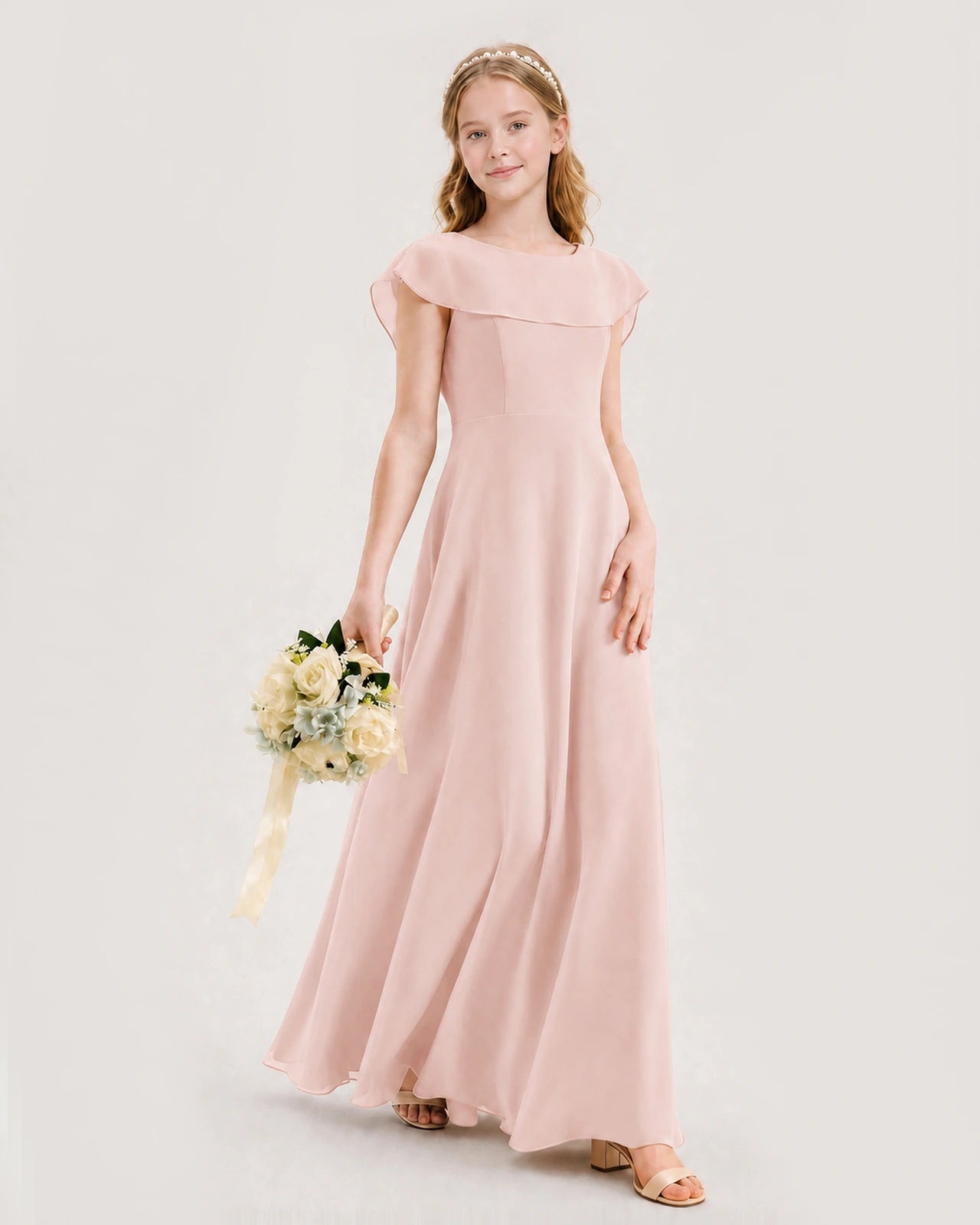 Blush Pink Junior Bridesmaid Dress Ruffle Collar Flowy Chiffon A-Line Floor-Length Gown Front Full View