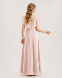 Blush Pink Junior Bridesmaid Dress Ruffle Collar Flowy Chiffon A-Line Floor-Length Gown Back Full View