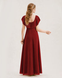 Burgundy Junior Bridesmaid Dress Ruffle Collar Flowy Chiffon A-Line Floor-Length Gown Back Full View
