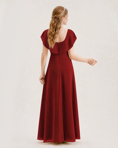 Burgundy Junior Bridesmaid Dress Ruffle Collar Flowy Chiffon A-Line Floor-Length Gown Back Full View