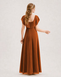 Burnt Orange Junior Bridesmaid Dress Ruffle Collar Flowy Chiffon A-Line Floor-Length Gown Back bFull View