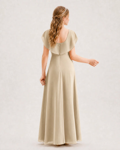 Champagne Junior Bridesmaid Dress Ruffle Collar Flowy Chiffon A-Line Floor-Length Gown Back Full View