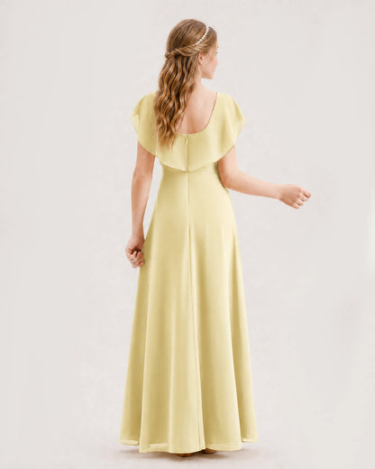 Daffodil Junior Bridesmaid Dress Ruffle Collar Flowy Chiffon A-Line Floor-Length Gown Back Full View