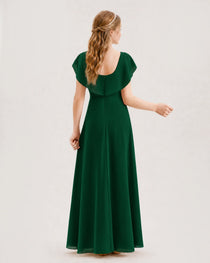 Dark Green Junior Bridesmaid Dress Ruffle Collar Flowy Chiffon A-Line Floor-Length Gown Back Full View
