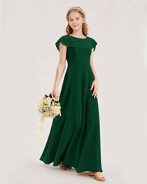 Dark Green Junior Bridesmaid Dress Ruffle Collar Flowy Chiffon A-Line Floor-Length Gown Front Full View