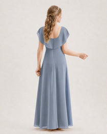 Dusty Blue Junior Bridesmaid Dress Ruffle Collar Flowy Chiffon A-Line Floor-Length Gown Back Full View
