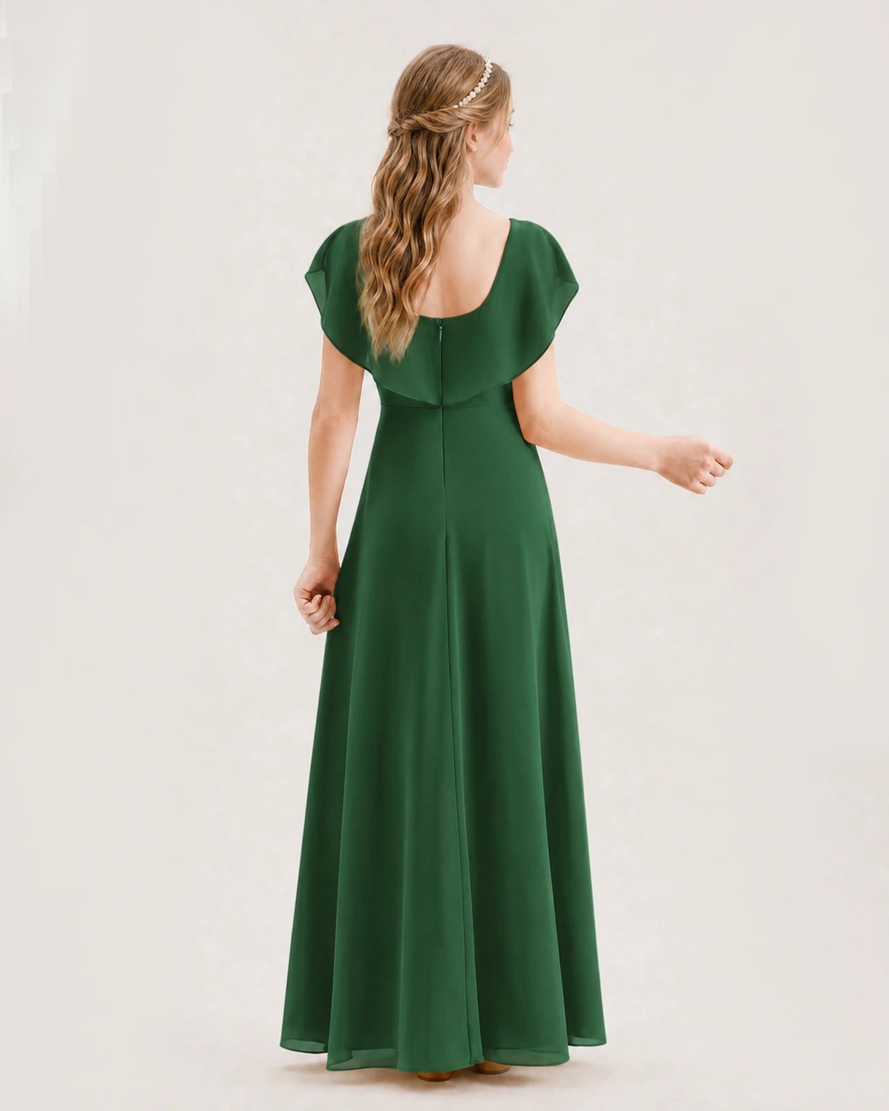 Emerald Green Junior Bridesmaid Dress Ruffle Collar Flowy Chiffon A-Line Floor-Length Gown Back Full View