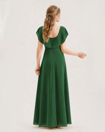 Emerald Green Junior Bridesmaid Dress Ruffle Collar Flowy Chiffon A-Line Floor-Length Gown Back Full View