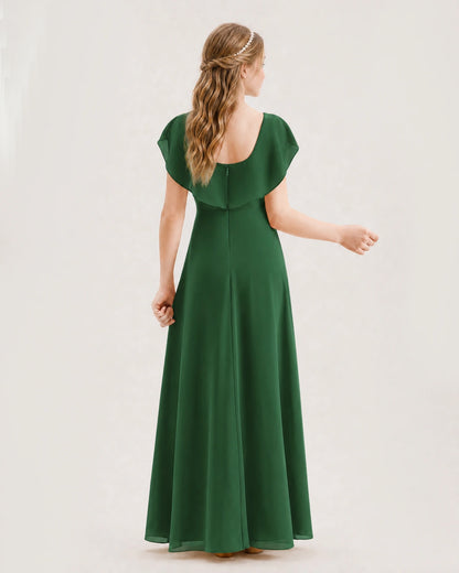 Emerald Green Junior Bridesmaid Dress Ruffle Collar Flowy Chiffon A-Line Floor-Length Gown Back Full View