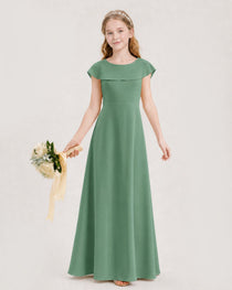 Eucalyptus Junior Bridesmaid Dress Ruffle Collar Flowy Chiffon A-Line Floor-Length Gown Front Full View