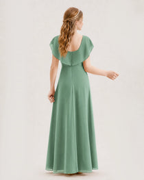 Eucalyptus Junior Bridesmaid Dress Ruffle Collar Flowy Chiffon A-Line Floor-Length Gown Back Full View