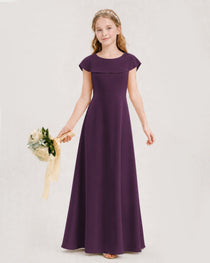 Grape Junior Bridesmaid Dress Ruffle Collar Flowy Chiffon A-Line Floor-Length Gown Front Full View