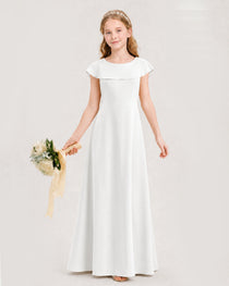 Ivory Junior Bridesmaid Dress Ruffle Collar Flowy Chiffon A-Line Floor-Length Gown Front Full View
